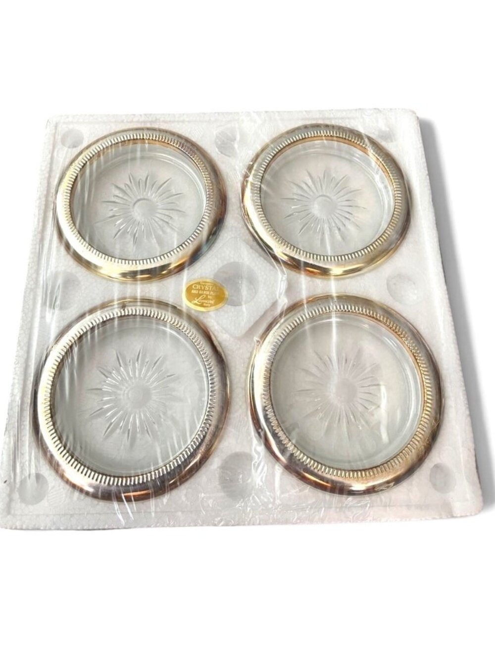 Crystal Silver Plate Sunburst Coasters Set of 4 By Leonard Italy New Vintage